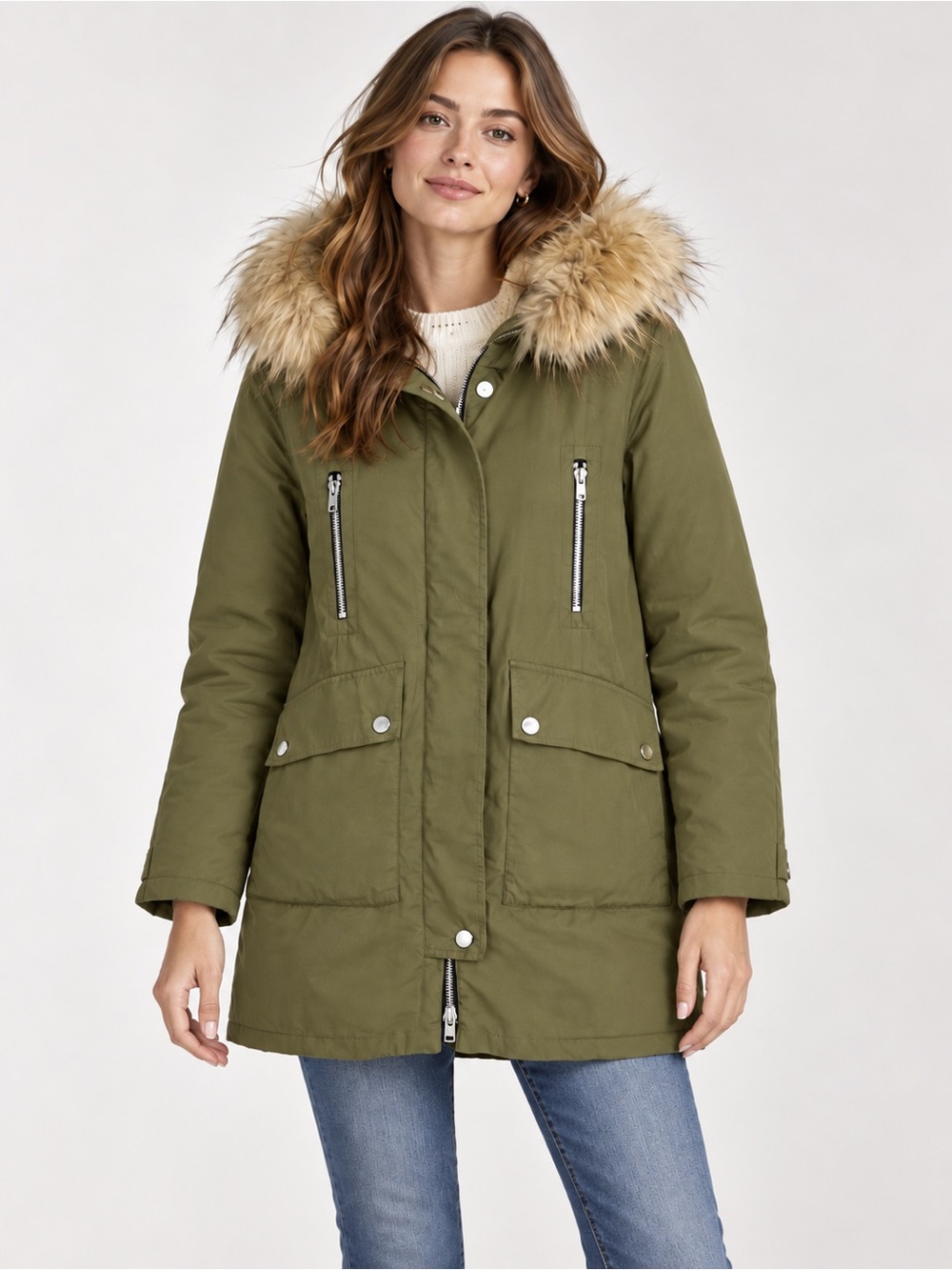 SANDRO Army Green Shearling Raccoon Fur Trim Parka Coat Size 4